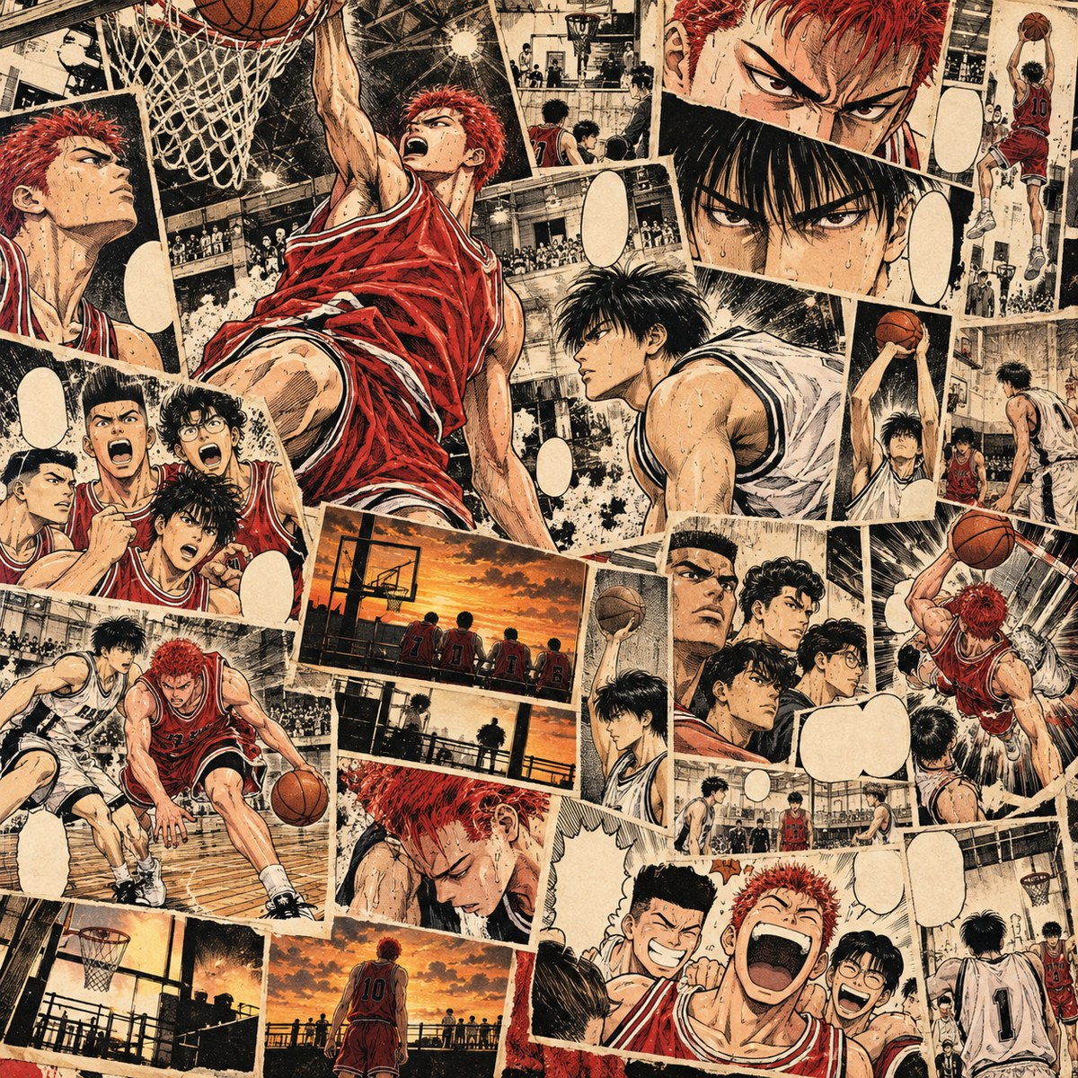 Dense collage of original basketball manga posters with players, slam dunks and expressive comic panels